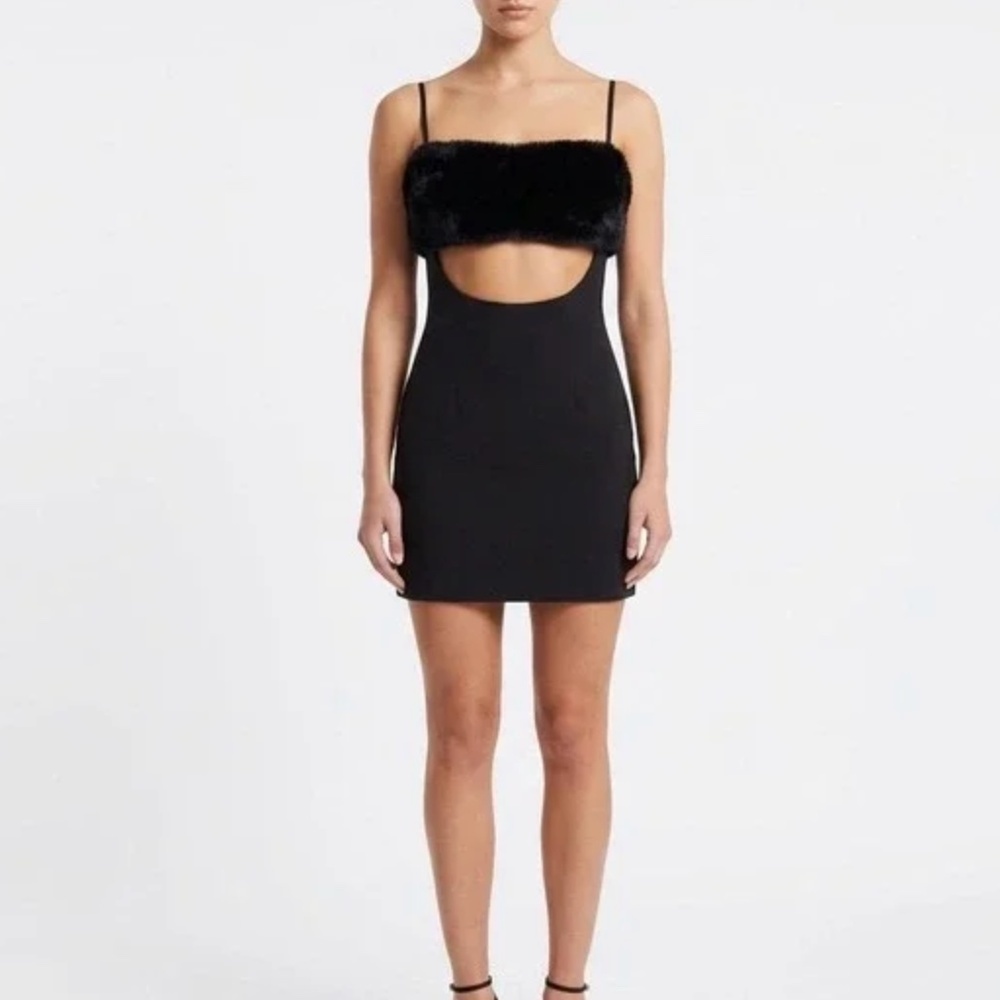 Naked Wardrobe Black Faux Fur Trimmed Mini Dress